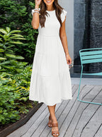 Dames Smocked Ruffle Vlinder Mouw A-Lijn Midi Jurk