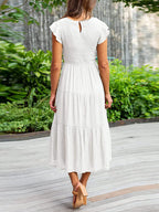 Dames Smocked Ruffle Vlinder Mouw A-Lijn Midi Jurk