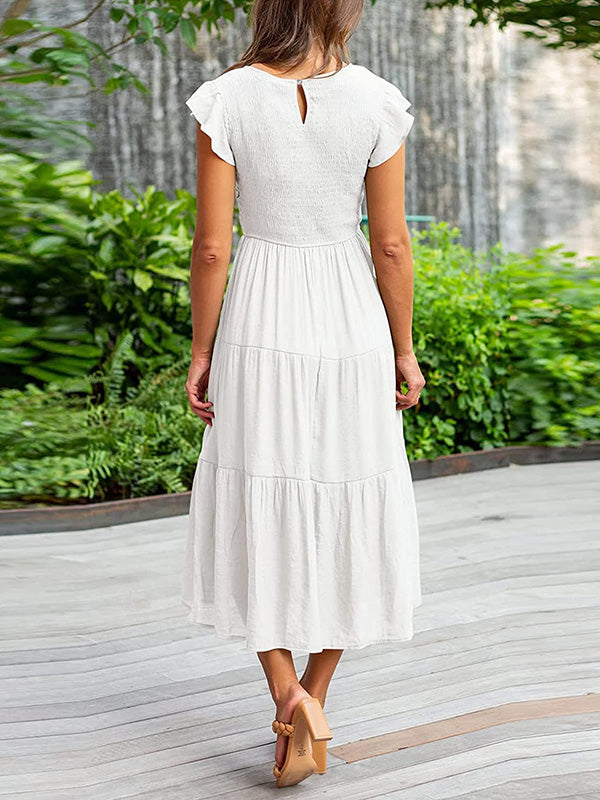 Dames Smocked Ruffle Vlinder Mouw A-Lijn Midi Jurk