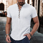 Henley Shirt Heren Katoen Linnen Mix Slim Fit Korte Mouw